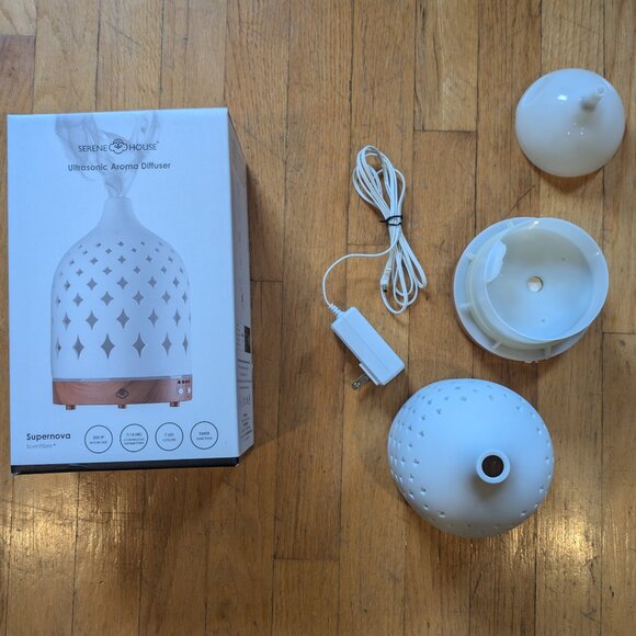 Serene House Supernova White 125 Ceramic Ultrasonic Aroma Diffuser w/ Wood Base - Picture 8 of 13